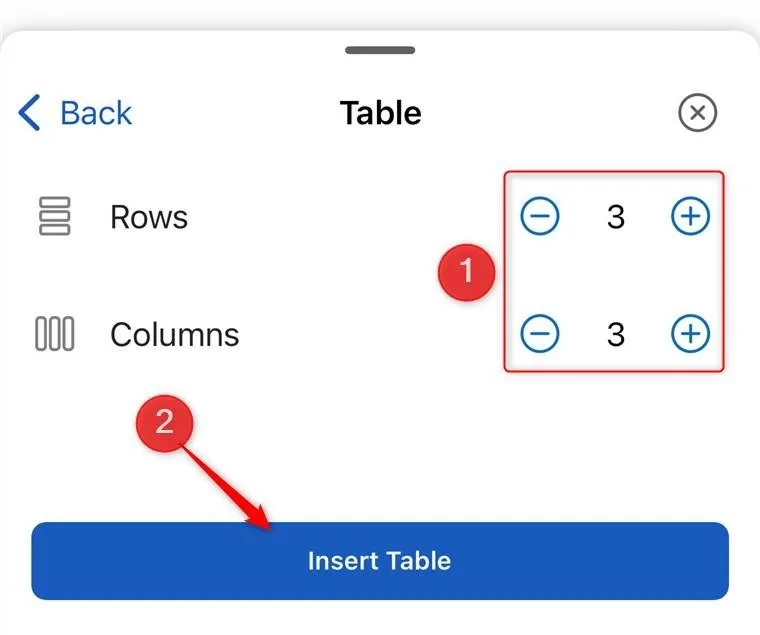 حال، تعداد ردیف‌ها و ستون‌های مورد نظر خود را وارد کرده و روی گزینه "Insert Table" ضربه بزنید.