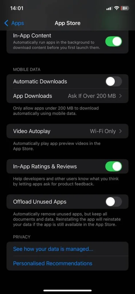 App Store بروید و "Offload Unused Apps" را فعال کنید