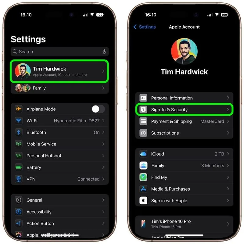 برنامه تنظیمات (Settings) را در دستگاه iOS خود باز کنید و روی بنر حساب اپل خود در بالای منوی اصلی بزنید.سپس گزینه «ورود و امنیت»  را انتخاب کنید