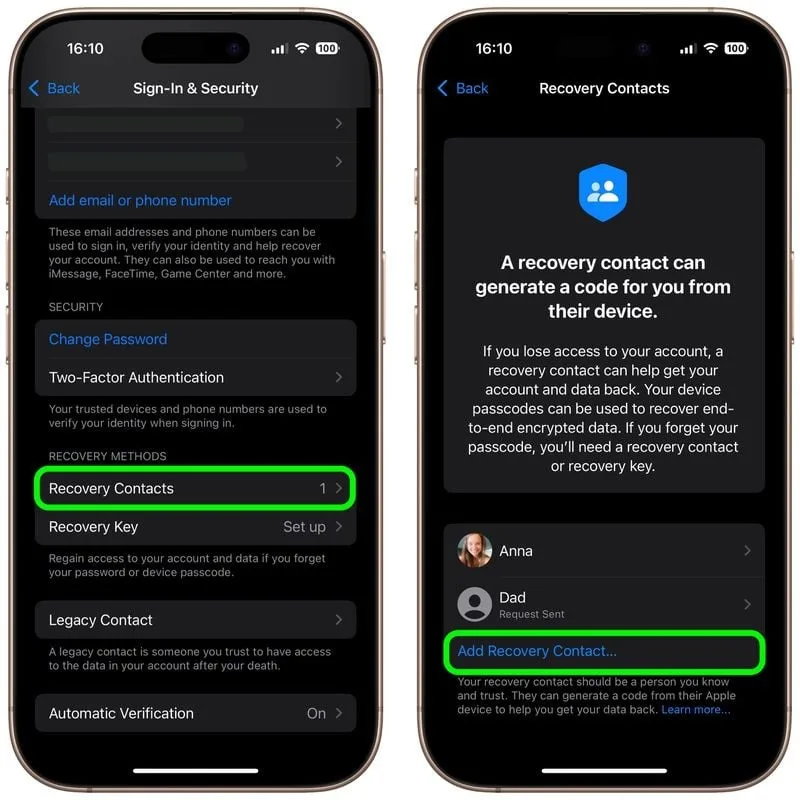 روی Add Recovery Contact… ضربه بزنید و احراز هویت کنید