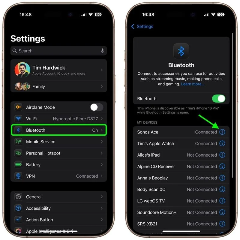 اپلیکیشن Settings را در آیفون یا آیپد خود باز کنید.
 گزینه Bluetooth را انتخاب کنید.
 روی دکمه info بزنید