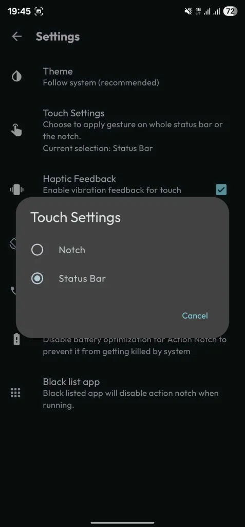 روی گزینه Touch Settings بزنید و سپس Status Bar را انتخاب کنید