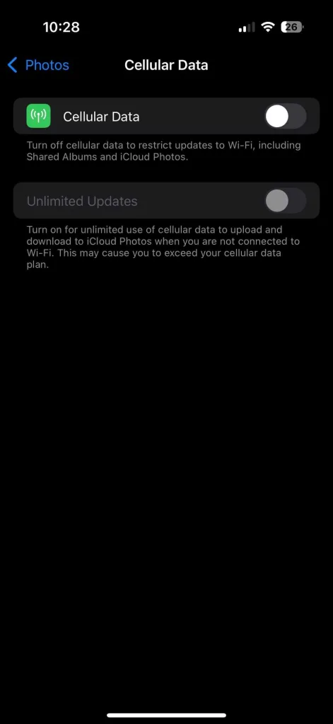 به صفحه قبل برگردید، Photos را انتخاب کنید، سپس وارد Cellular Data شوید و آن را خاموش کنید.