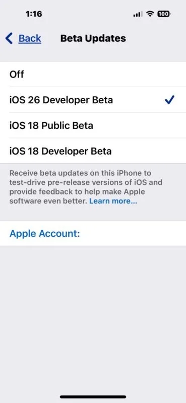گزینه‌ی **"iOS 26 Developer Beta"** (یا اگر از آیپد استفاده می‌کنید، **"iPadOS 26 Developer Beta"**) را انتخاب کنید.
