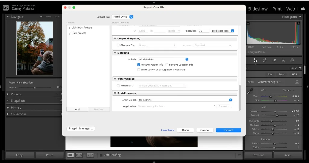 وقتی از لایتروم عکس صادر می‌کنید، می‌توانید پس از اکسپورت به مسیر Metadata > Remove Person Info بروید و اطلاعات مربوط به افراد را حذف کنید.